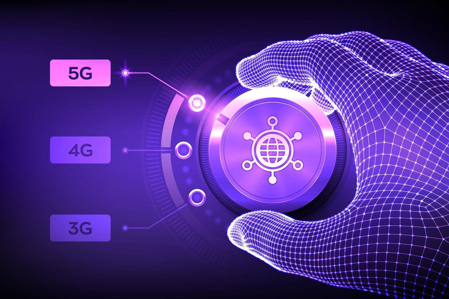 Sistemas inalámbricos de red 5g e internet de las cosas. Mano de estructura metálica que gira el botón selector de red móvil a la próxima generación 5g. concepto de estándares de telecomunicaciones. ilustración vectorial. vector