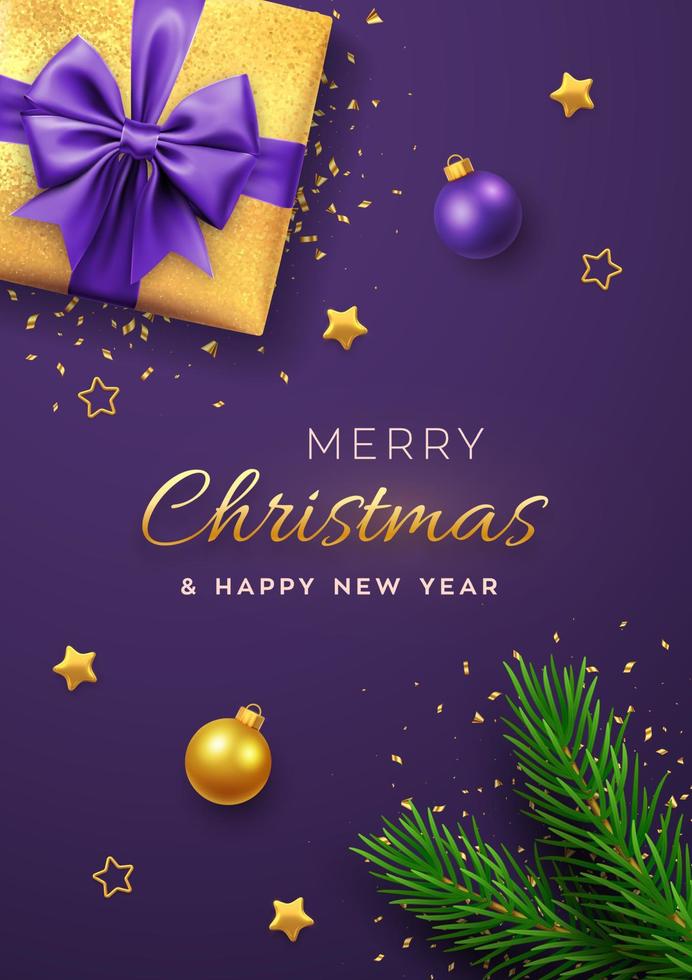 Christmas banner. Realistic gold gift box with purple bow, pine branches, golden stars and glitter confetti, balls bauble. Xmas background, cover, poster, greeting cards, headers website. Vector. vector
