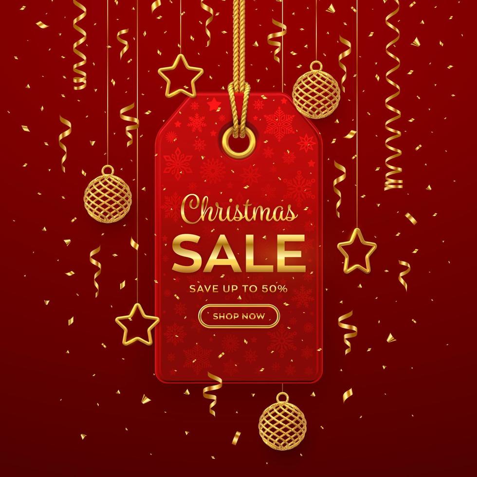 Christmas and New Year sale price tag. Realistic red tag hanging on gold rope. Discount label with golden stars, balls, confetti. Xmas banner, advertising, marketing price tag. Vector illustration.