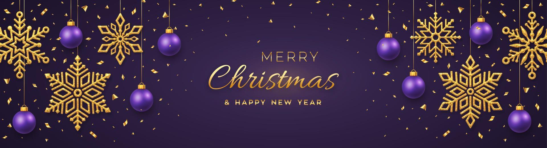 Christmas purple background with hanging shining golden snowflakes and balls. Merry christmas greeting card. Holiday Xmas and New Year poster, web banner, header website. Vector Illustration.