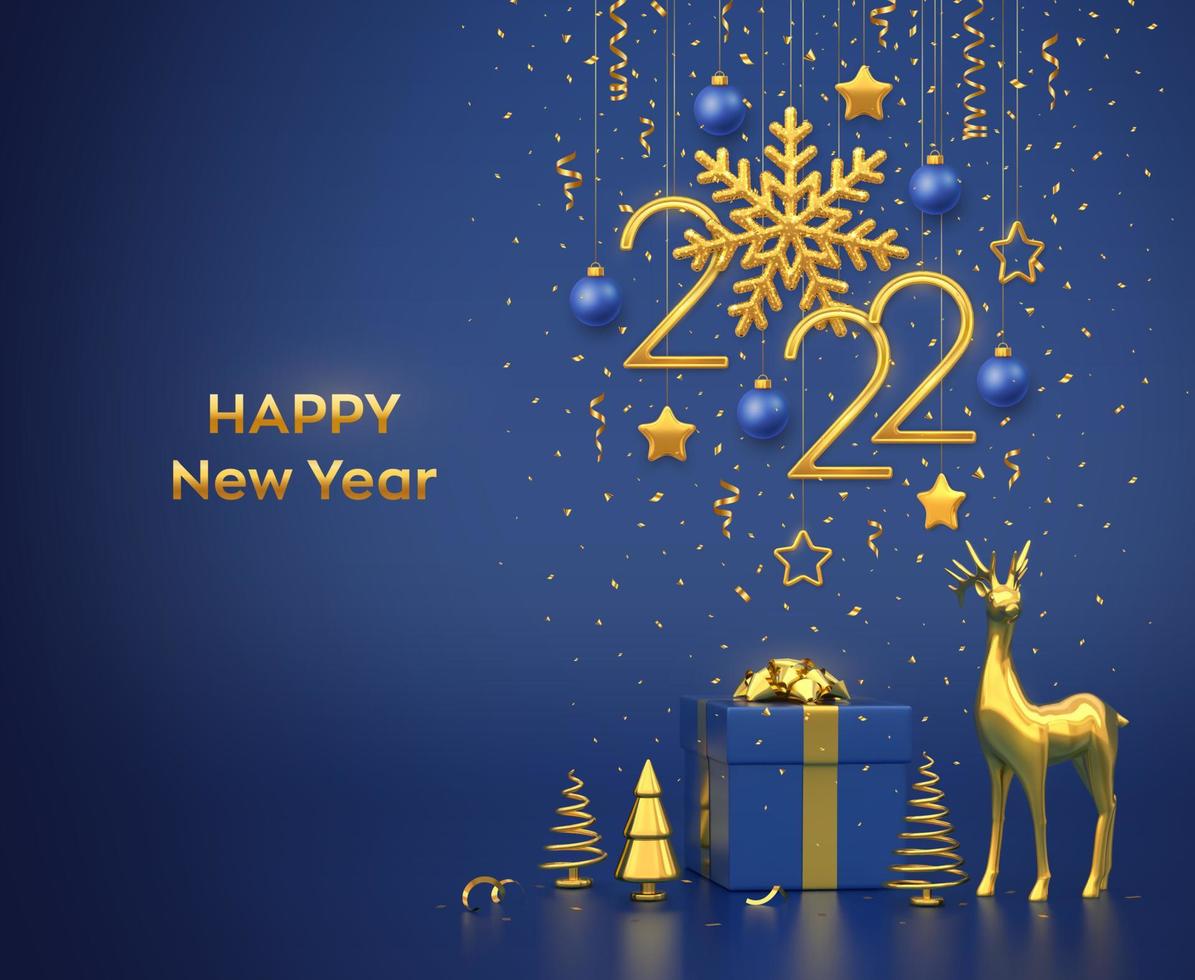 Happy New 2022 Year. Hanging golden metallic numbers 2022 with snowflake, stars, balls on blue background. Gift box, gold deer and metallic pine or fir, cone shape spruce trees. Vector illustration.