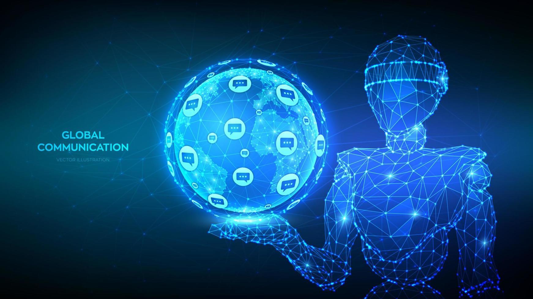 Global communication. Chatbot. Abstract low polygonal robot holding planet Earth globe with dialog speech bubbles icons. Worldwide communication and social media connection. Vector Illustration.