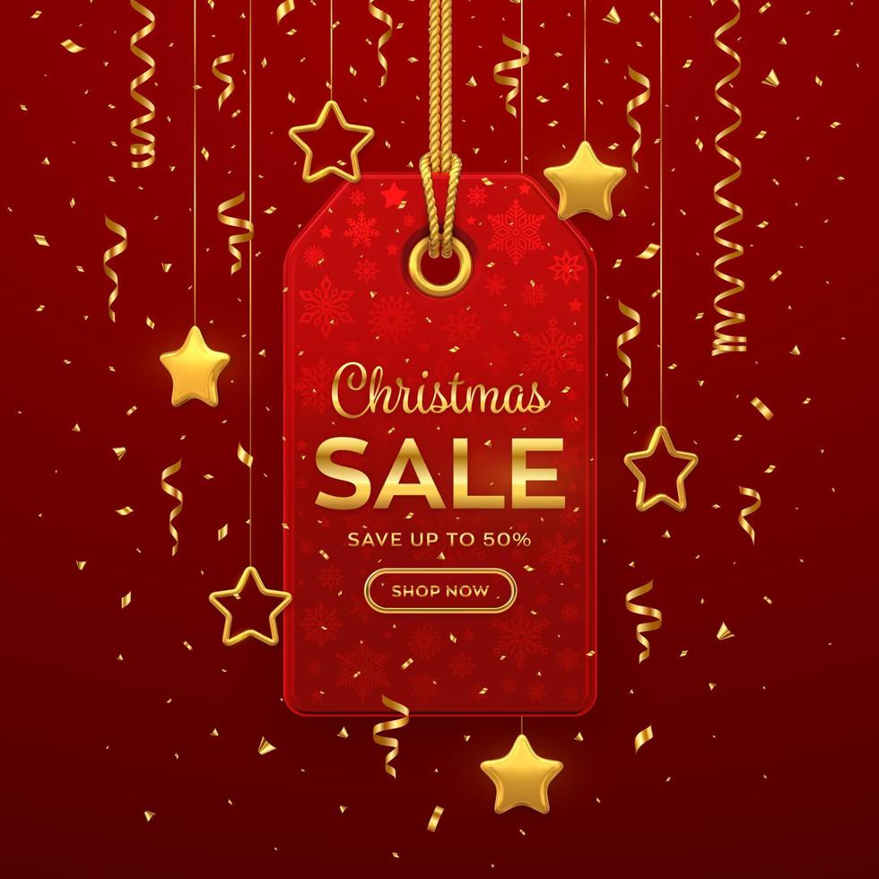 Christmas and New Year sale price tag. Realistic red tag hanging on gold rope. Discount label with golden stars and confetti. Xmas banner design, advertising, marketing price tag. Vector illustration.