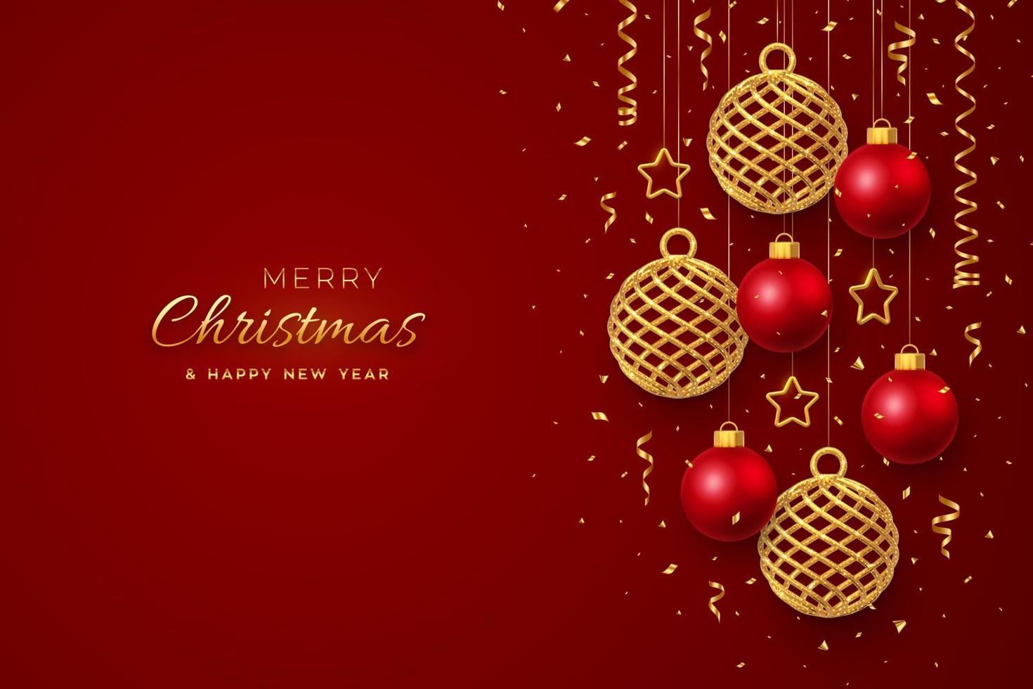 Christmas banner with shining hanging gold and red balls golden stars and with confetti on blue background. Greeting card with copyspace. New Year poster, cover template. Holiday decoration. Vector. vector