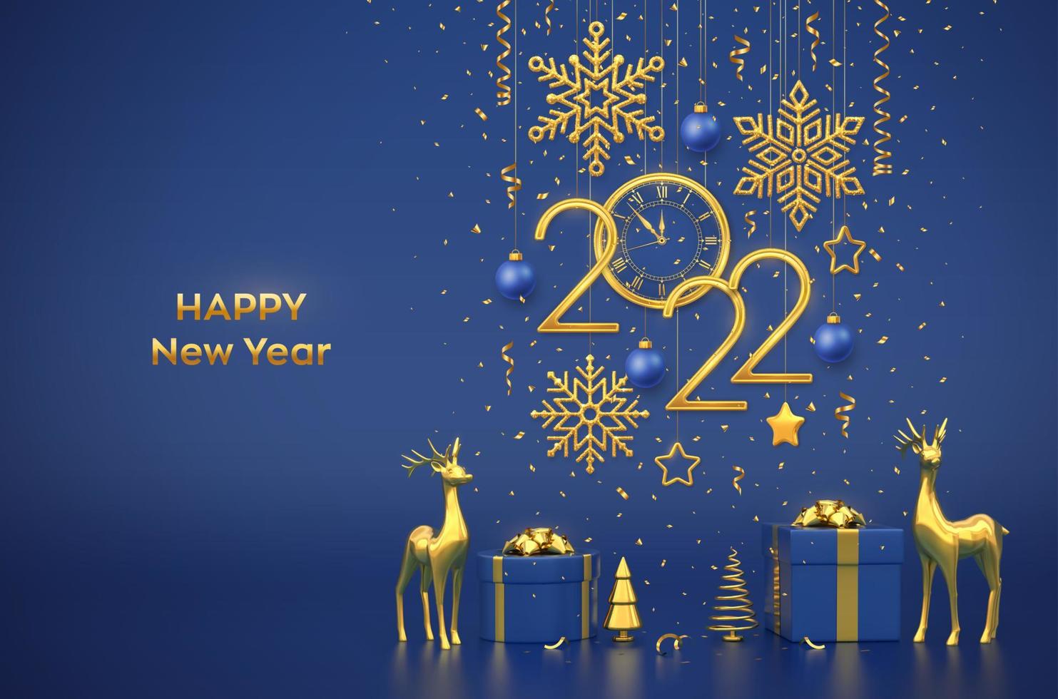 Happy New 2022 Year. Gold metallic numbers 2022 and watch with Roman numeral and countdown midnight, eve for New Year. Gift box, golden deers and metallic pine or fir, cone shape spruce trees. Vector. vector