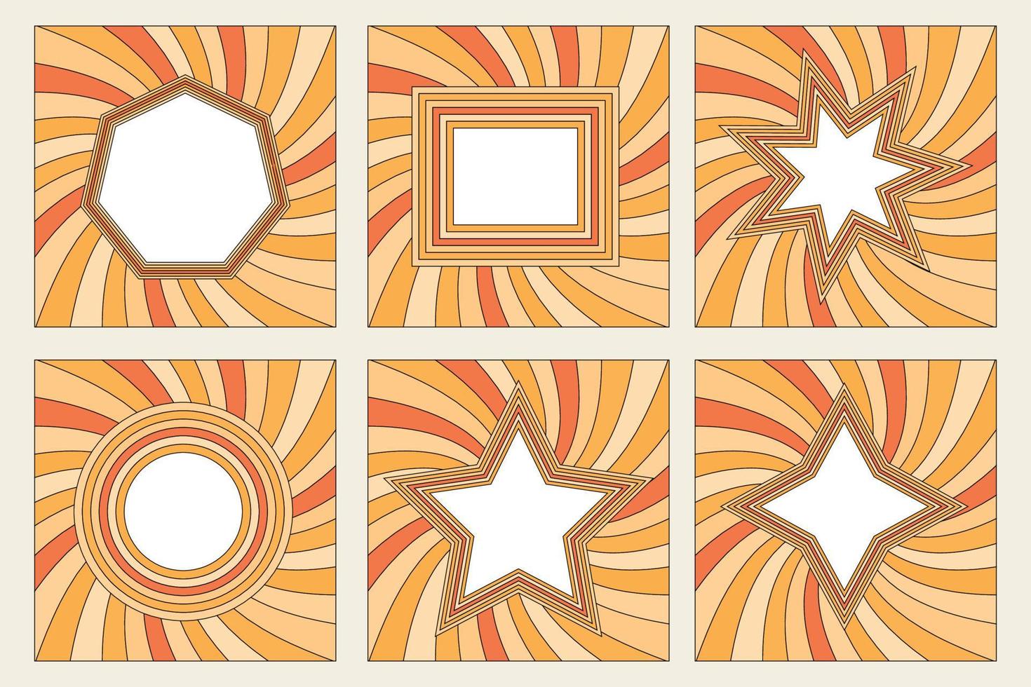 set of rainbow frames in 1970s hippie style. patterns retro vintage 70s groove. collection of round frame, star, rhombus and square. vector illustration design isolated.