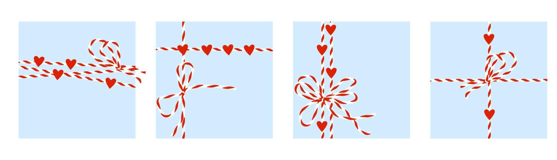 Cord is white red with heart and bow. Decorative yarn for wrapping gifts for Valentine day. Vector isolated.