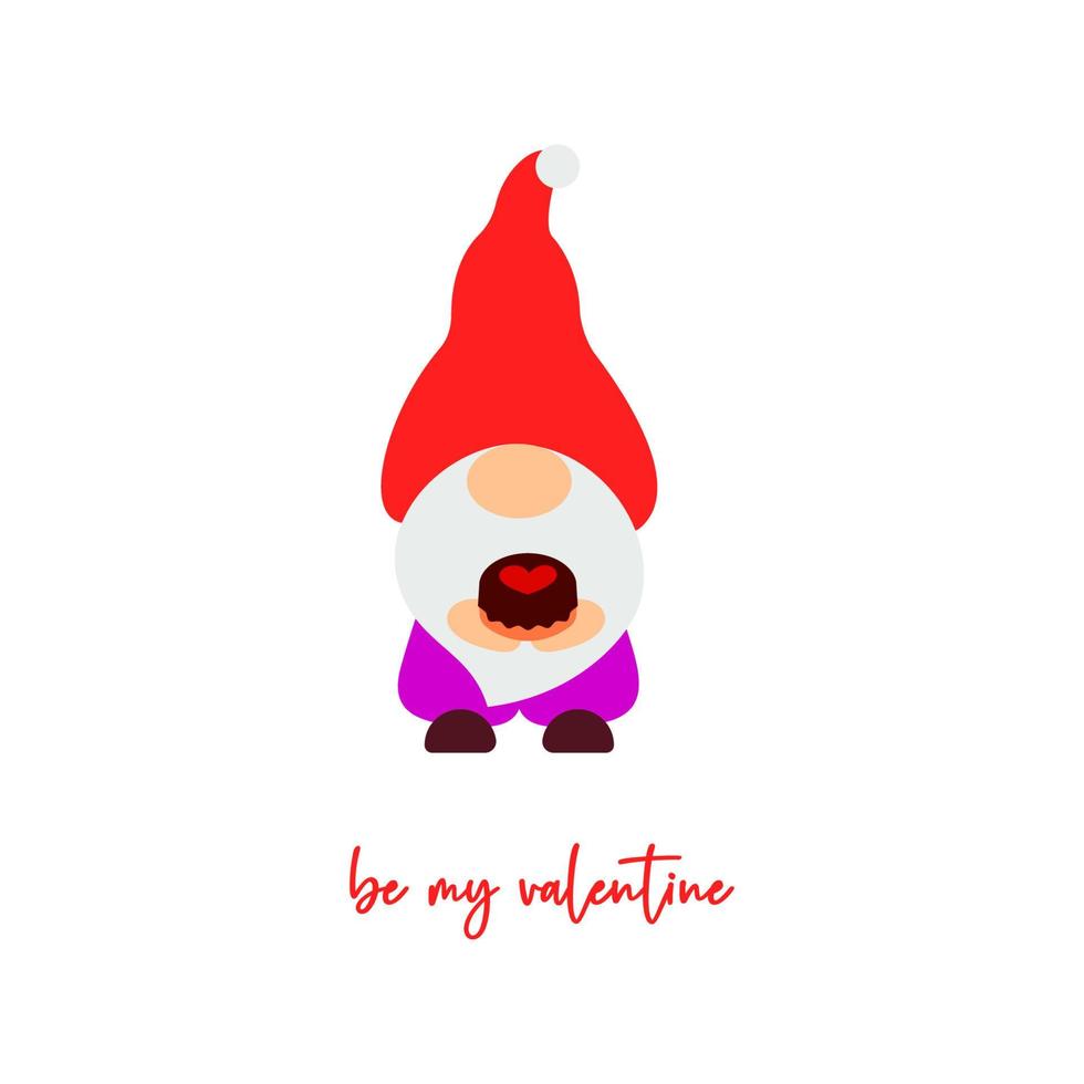 Cute Valentine s Day gnome with cake, heart. Vector illustration. Be my valentine script. Funny quote. Template for greeting card, label, tag, print for clothes, mug, pillow, crafting. Cut file