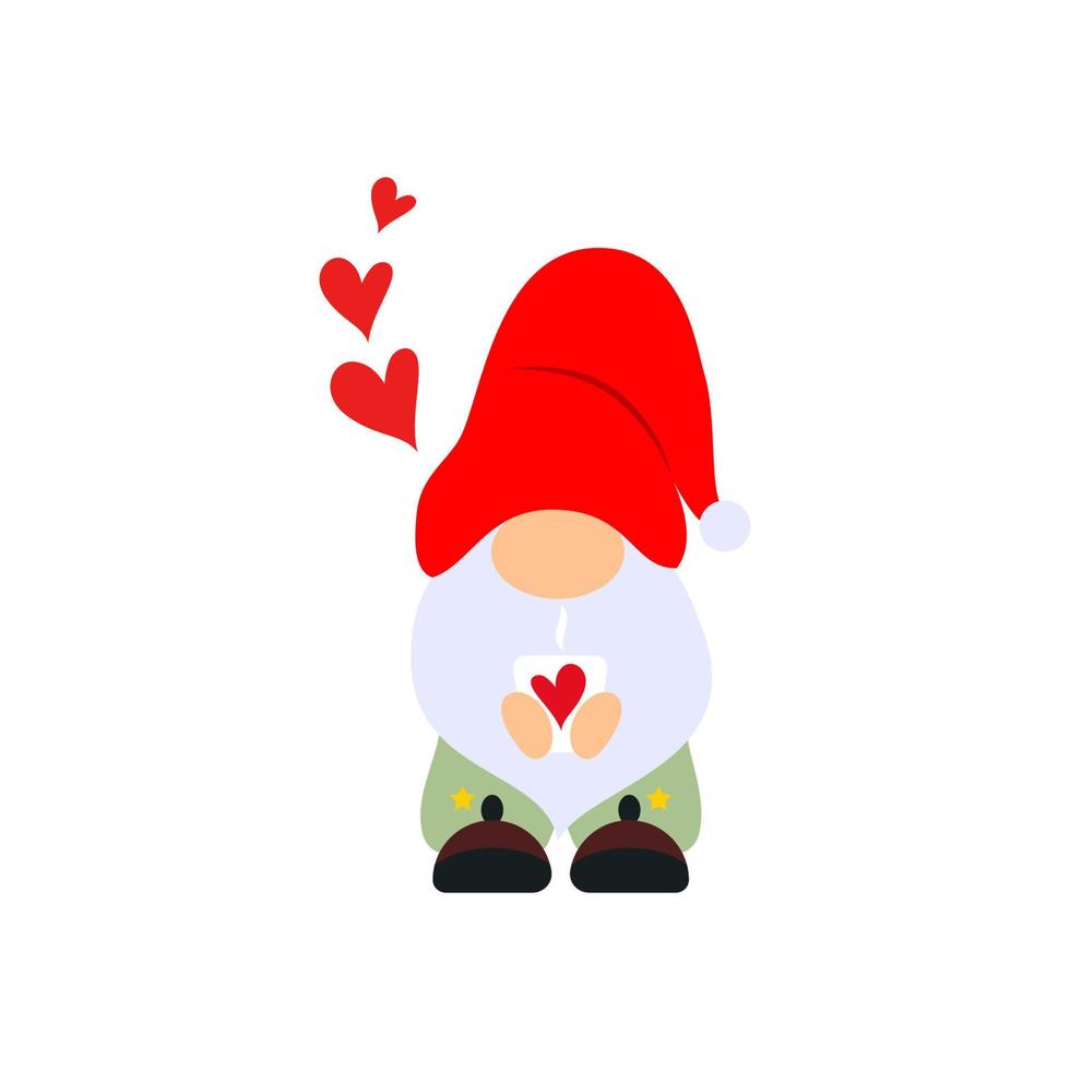Cute Valentine s Day gnome with sleepers, cup of tea, hearts. Vector illustration. Template for greeting card, label, tag, print for clothes, sleepwear, mug, pillow, crafting, sticker. Cut file