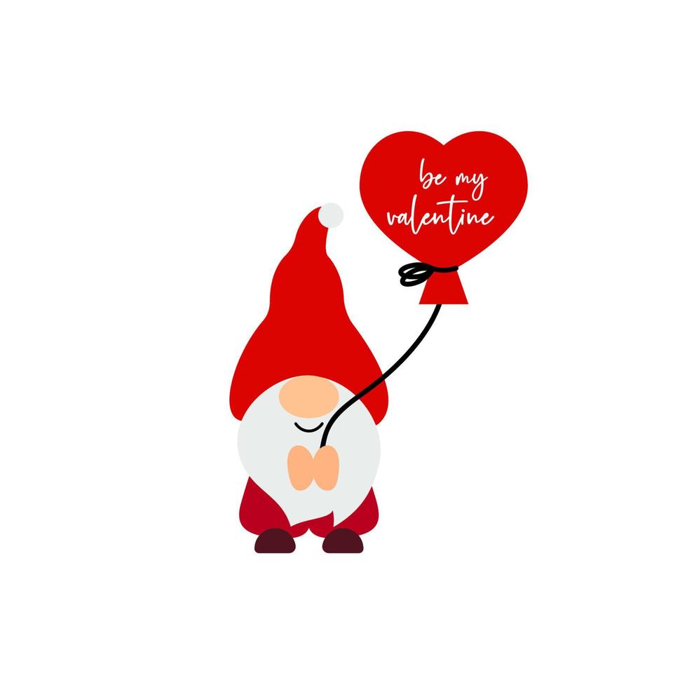 Cute Valentine s Day gnome with balloon shape of heart. Vector illustration. Be my valentine script. Funny quote. Template for greeting card, label, tag, print for clothes, mug, pillow, crafting