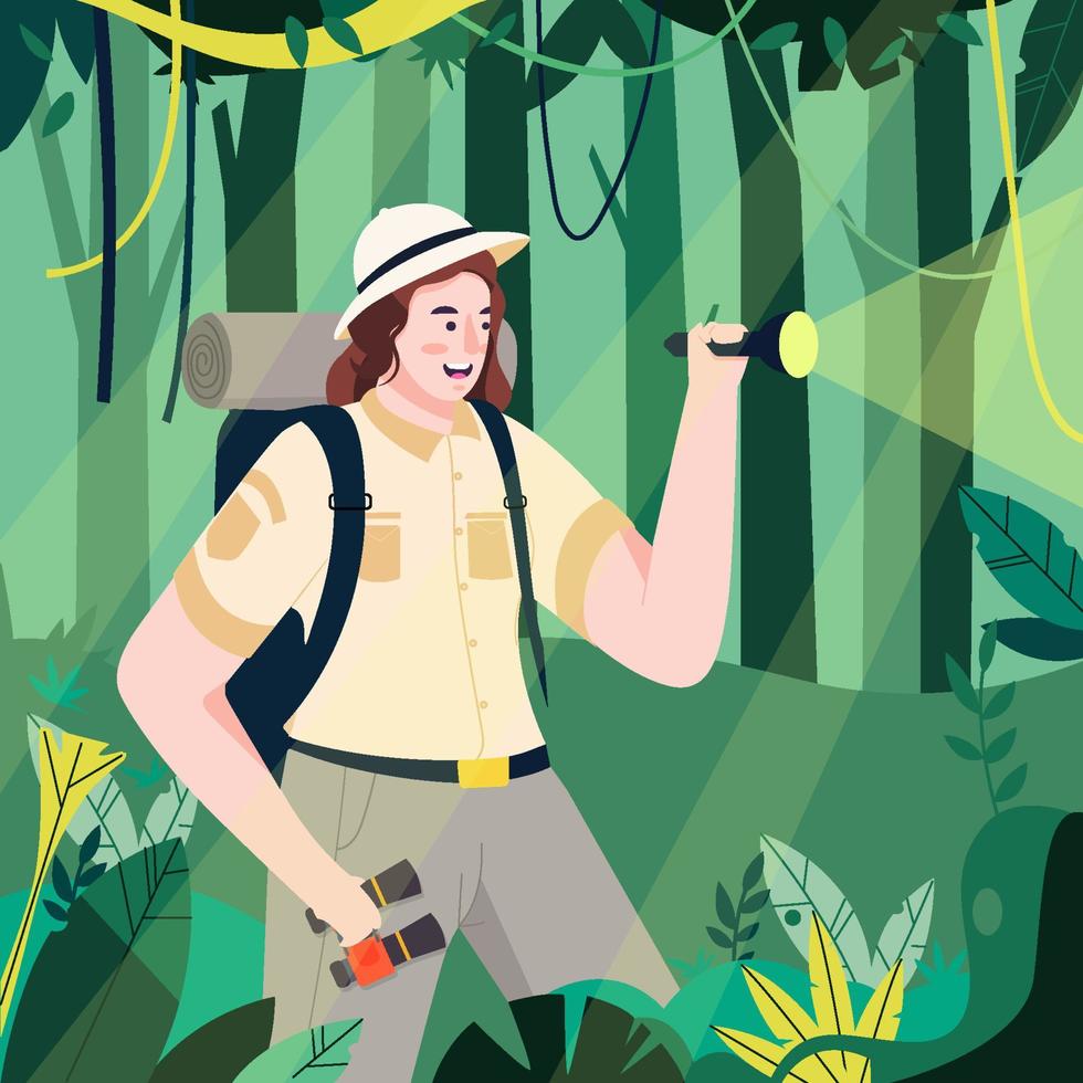 girlscout con binocular y linterna explora el concepto de la jungla vector