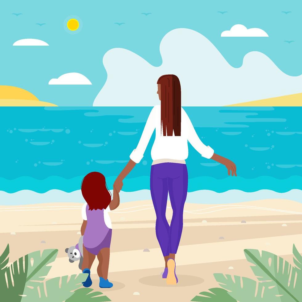 Mom And Daughter Vacation at The Beach Concept vector