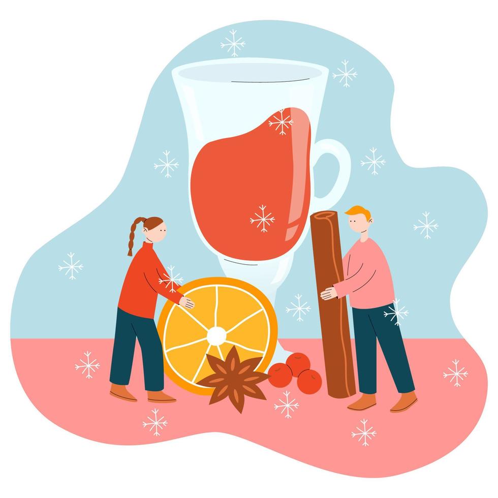 bebida caliente acogedora de invierno. la gente diminuta cocina vino caliente. concepto de elaboración de vino caliente. ilustración vectorial en estilo plano con fondo. vector