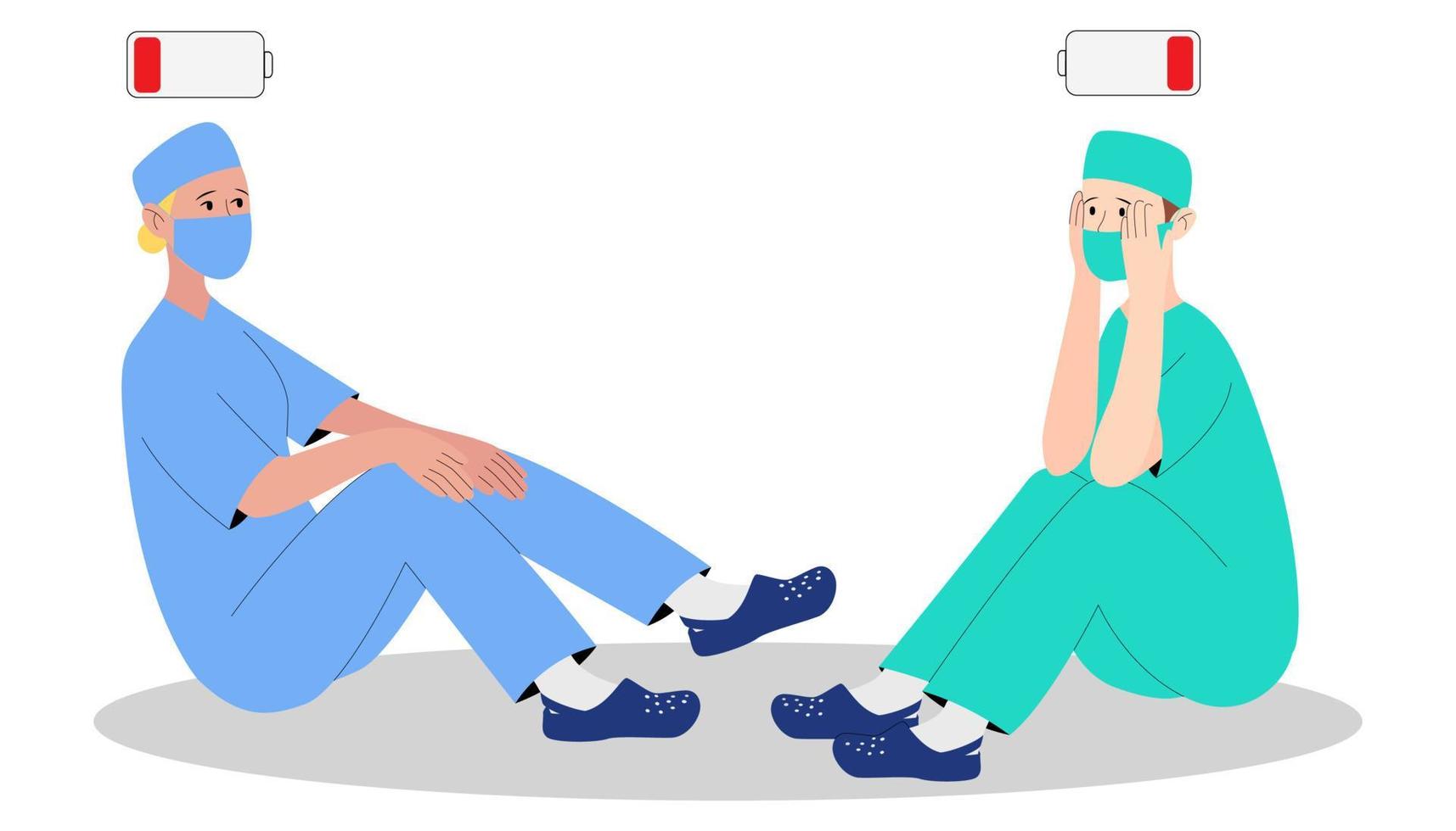 Concept burnout doctors. Tired doctors in masks and uniforms are sad. Vector illustration in flat cartoon style white background.