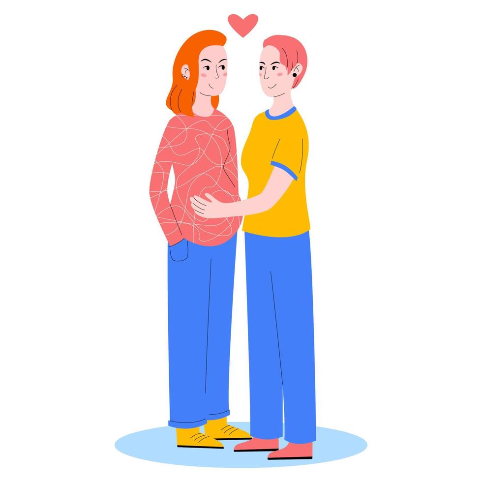 Pregnant lesbian, lesbian family, artificial insemination. Girl touches the belly of her pregnant wife. Vector illustration in cartoon flat style.