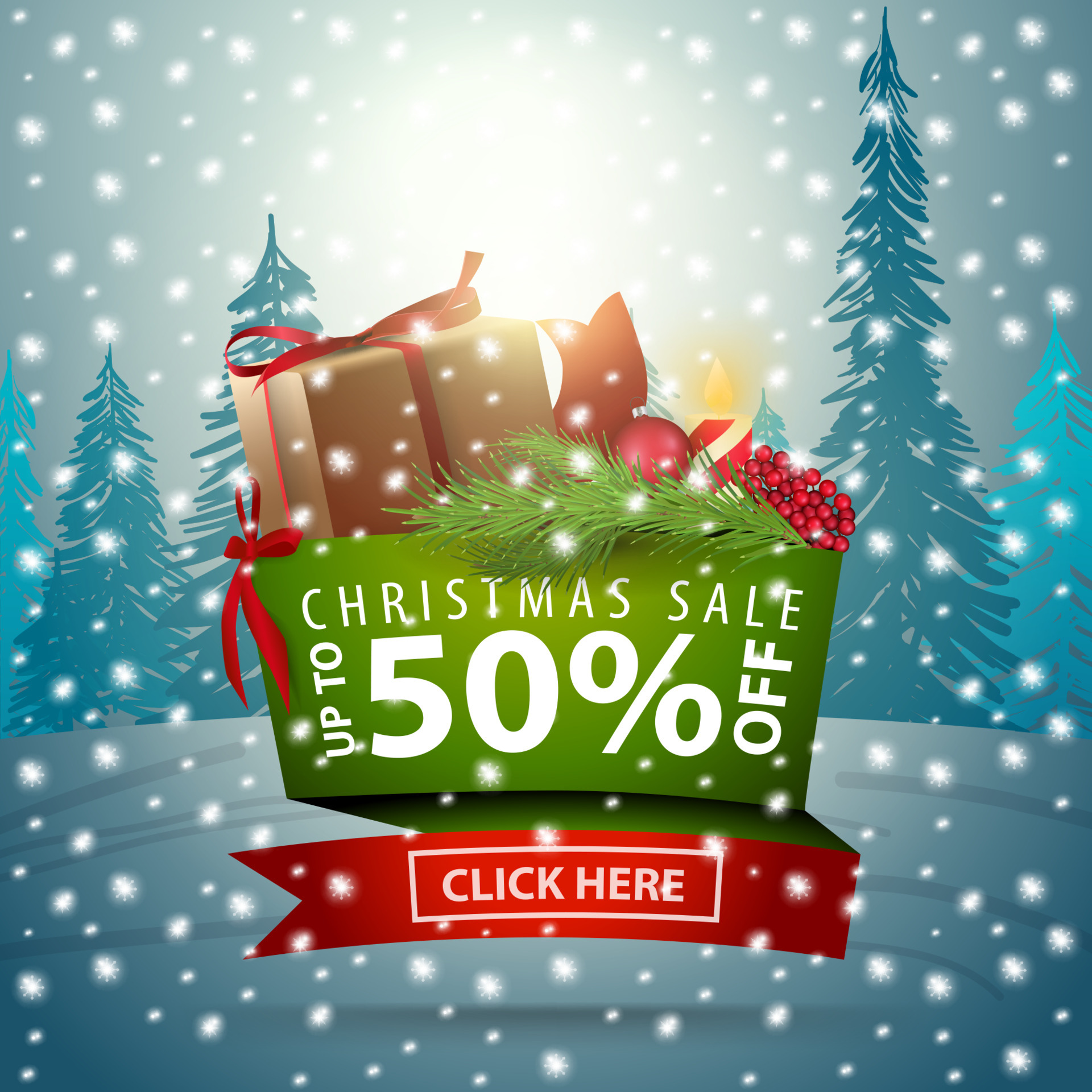Christmas discount banner in form of ribbons with presents on