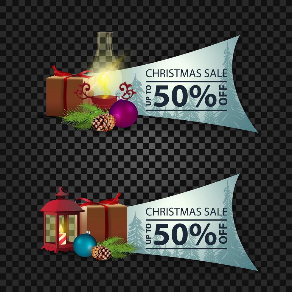 Set of Christmas discount banners with vintage lanterns and presents vector