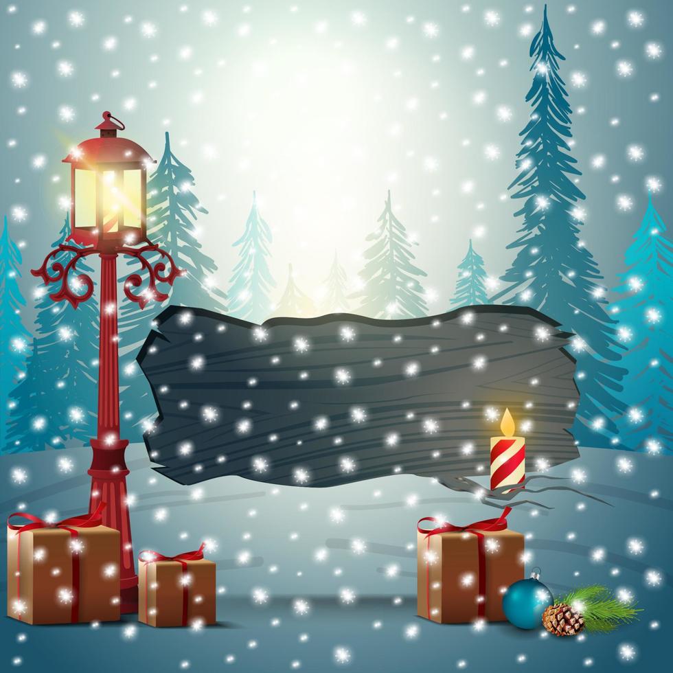 Christmas template with wooden board with copy space, vintage street lantern, presents and winter landscape on background vector