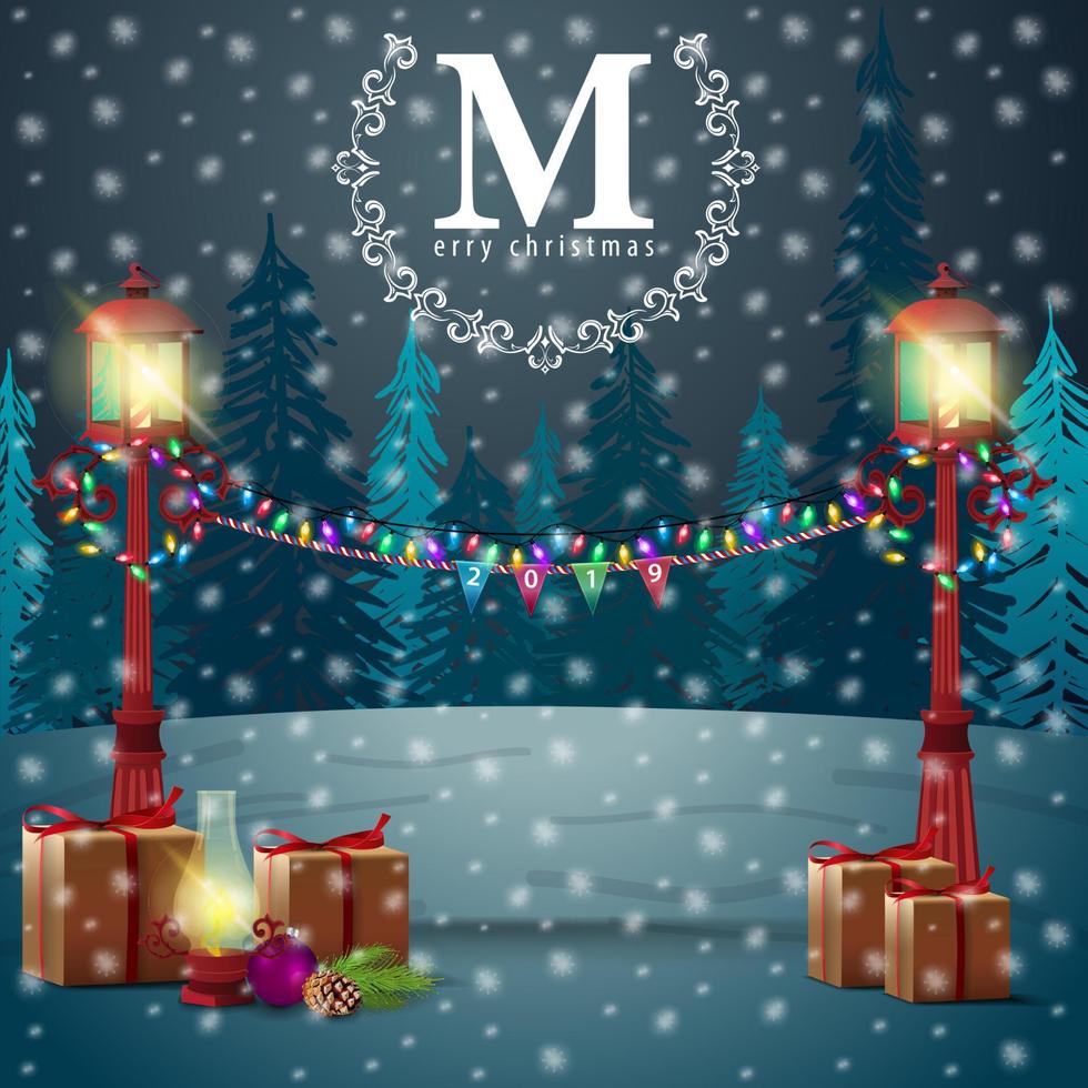 Plantilla navideña con espacio de copia, linternas callejeras vintage, regalos y paisaje invernal en el fondo vector