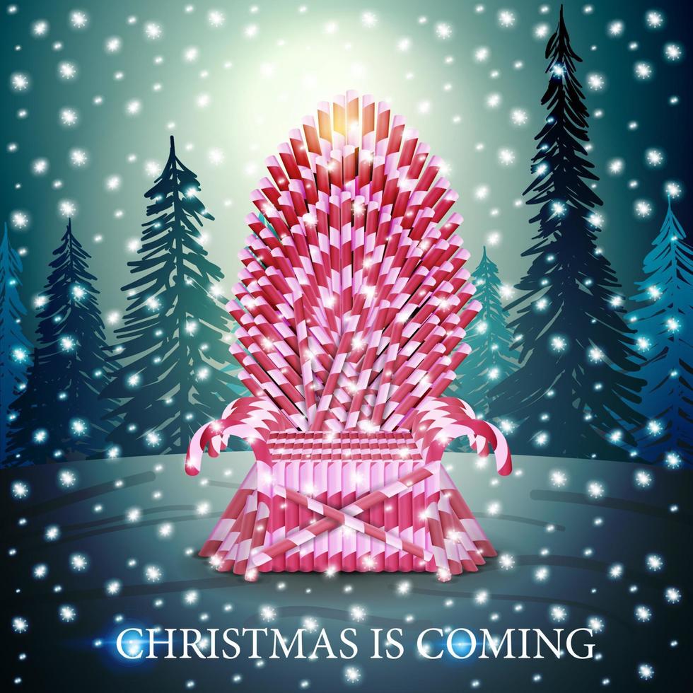 Se acerca la Navidad, cartel con trono hecho de bastones de caramelo y paisaje invernal en el fondo vector