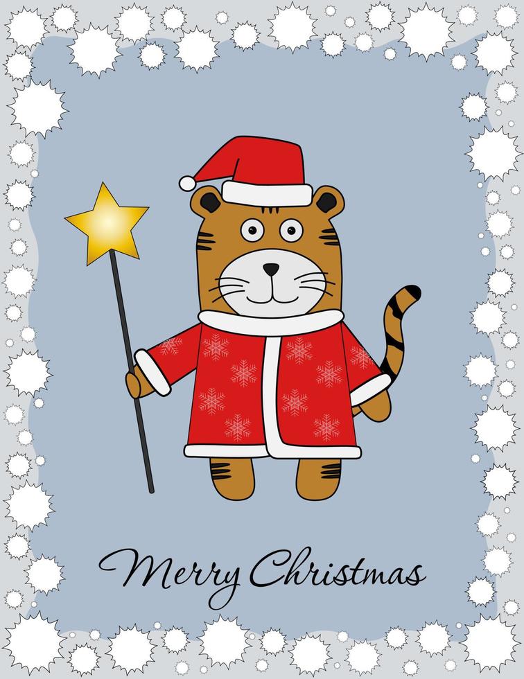 tiger in santa clothes with a star in a snowflake frame vector