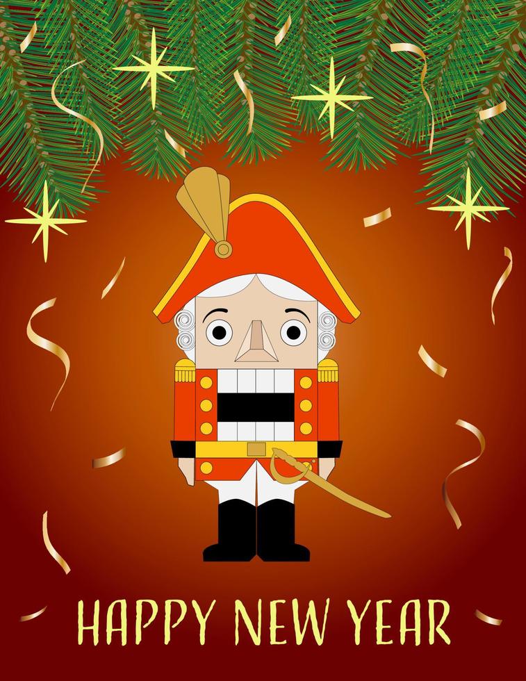 nutcracker on a dark background with fir branches stars and confetti vector