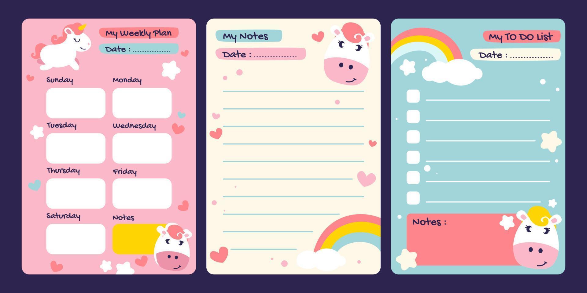 Colorful Journal Pages Template With Cute Unicorn Character vector