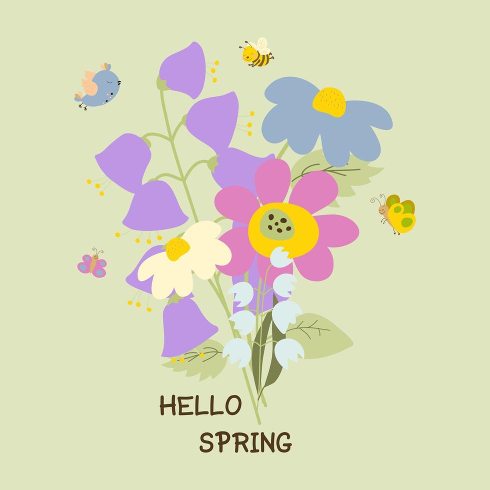 hermosas flores de primavera sobre un fondo verde. mariposas y una abeja vuelan cerca de las flores. ilustración vectorial en estilo de dibujos animados. Dibujo a mano. para impresión, diseño web. vector