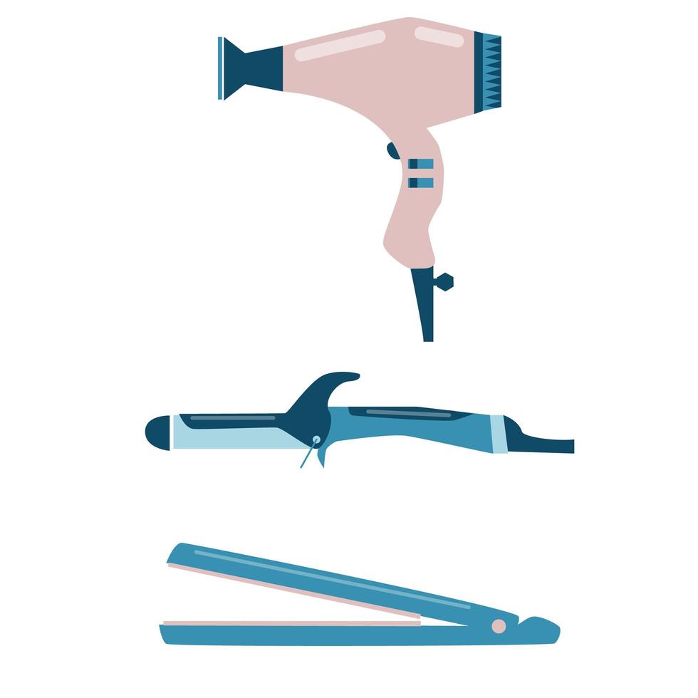 Hairdo make set with hair straightener, curling iron and hair dryer. Hairdresser tool flat isoleted icon vector