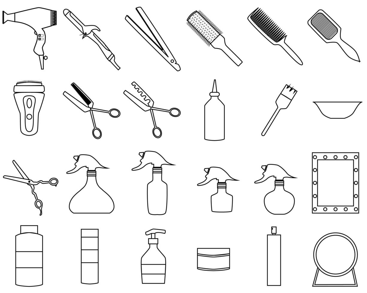 Hair care big set with different components like a dryer, straightener, curling iron, scissers, spray, shampoo, mirror and others. Hairdresser tool outline isoleted icons vector