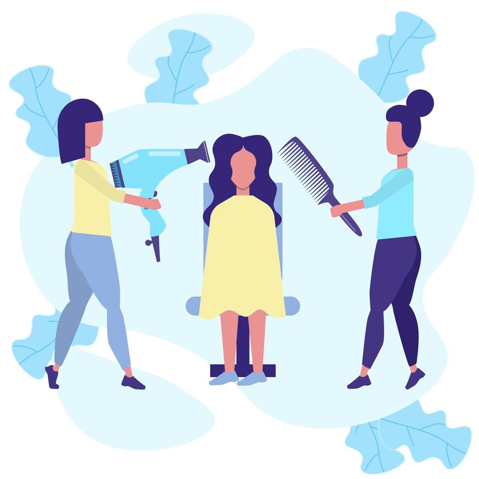 Beautiful female hairdressers blow-dry with hairdryer and comb hair. Happy women in hairdressing salon. Flat illustration in blue and yellow color vector