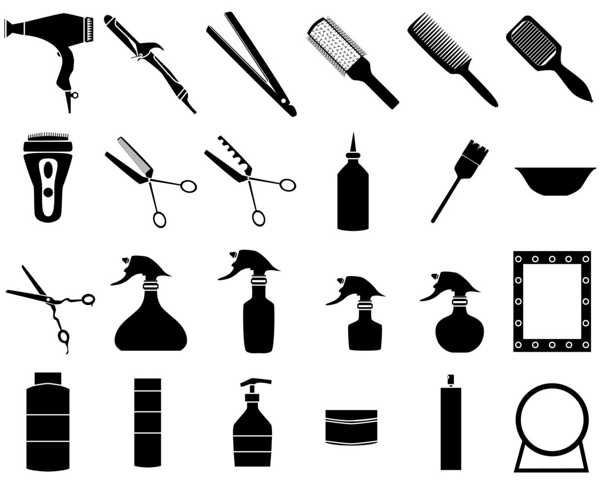 Hair care big set with different components like a dryer, straightener, curling iron, scissers, spray, shampoo, mirror and others. Hairdresser tool simple isoleted icons vector