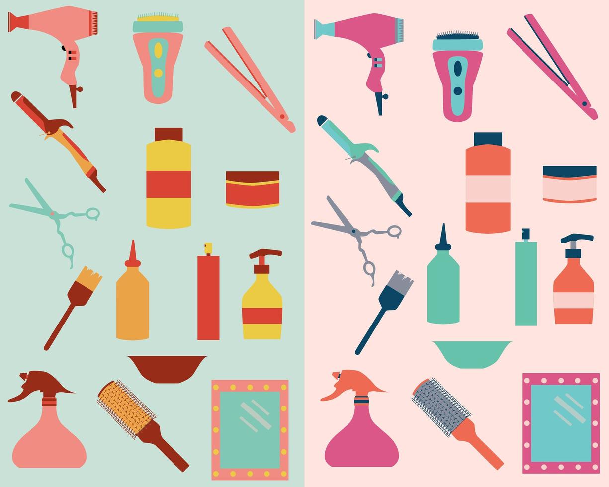 Hair care big set with different components like a dryer, straightener, curling iron, scissers, spray, shampoo, mirror and others. Hairdresser tool flat isoleted icons vector