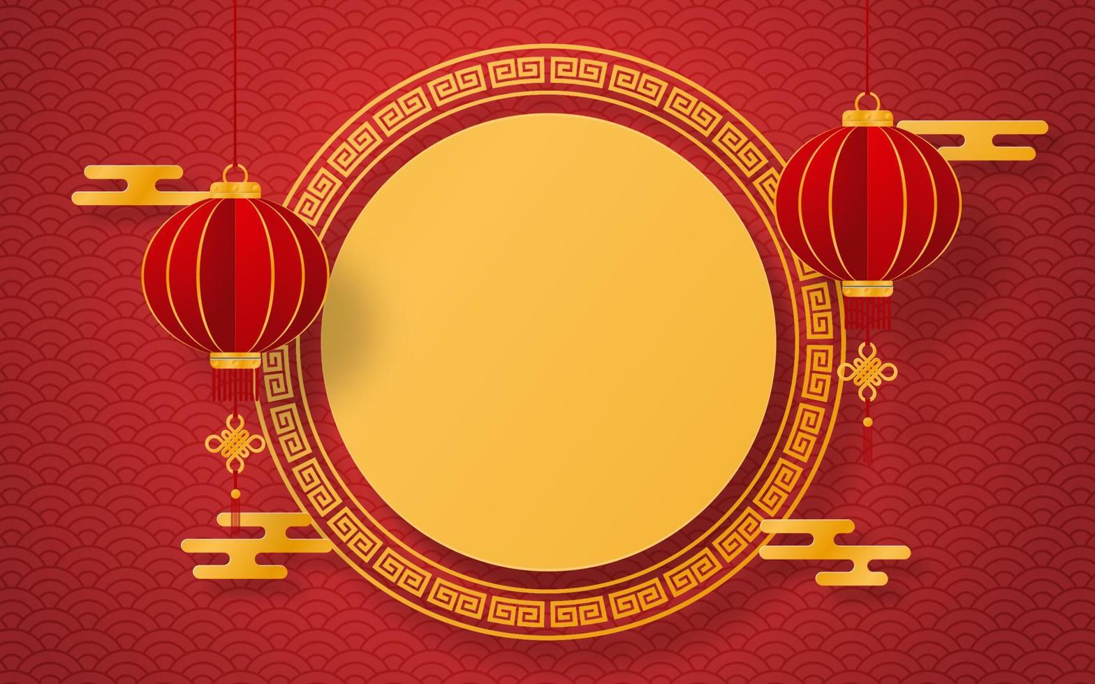 Chinese new year postcard with Chinese circle frame and lantern vector