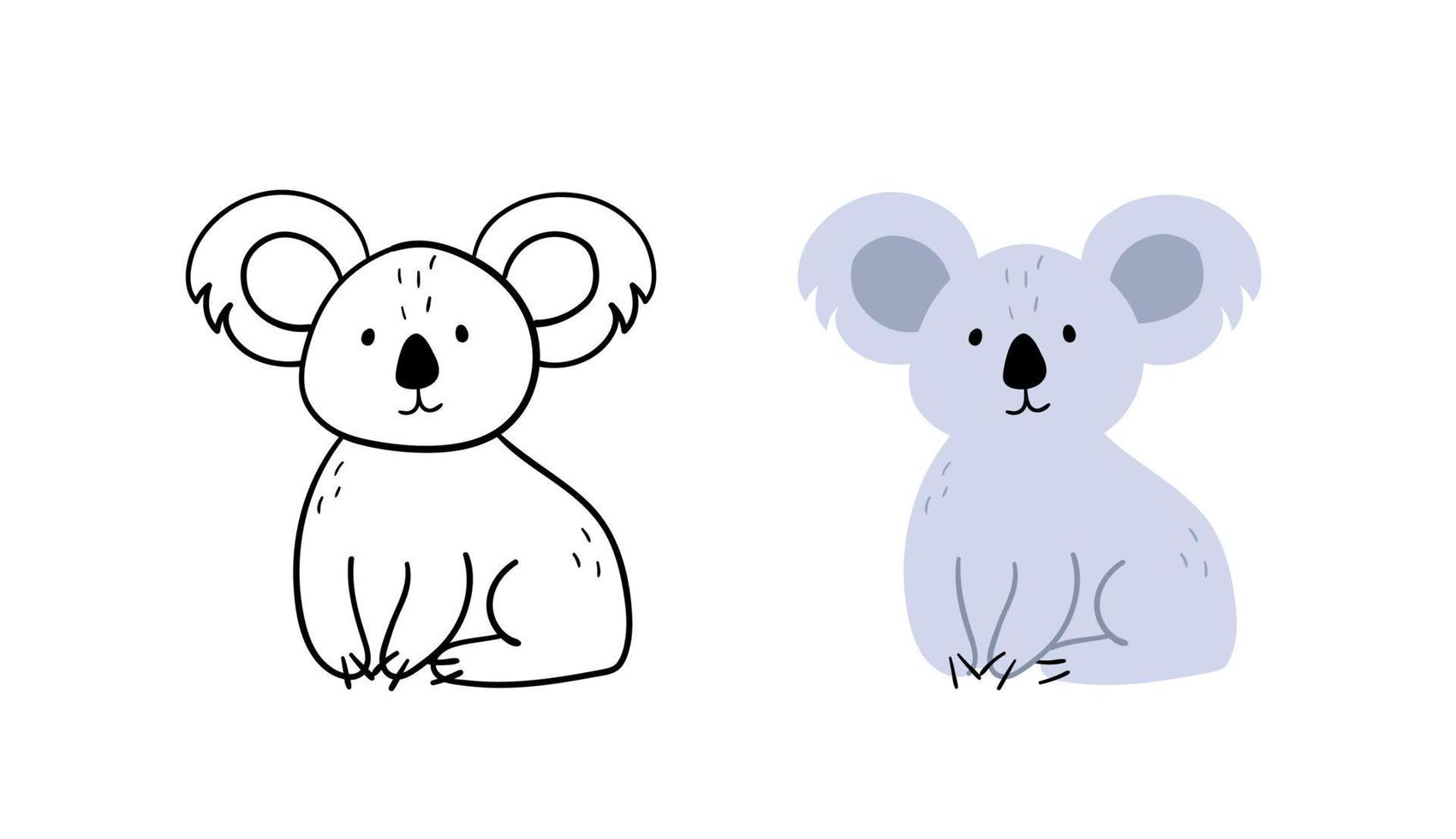 lindo personaje de koala dibujado a mano. vector ilustración de oso. versión de contorno y color.