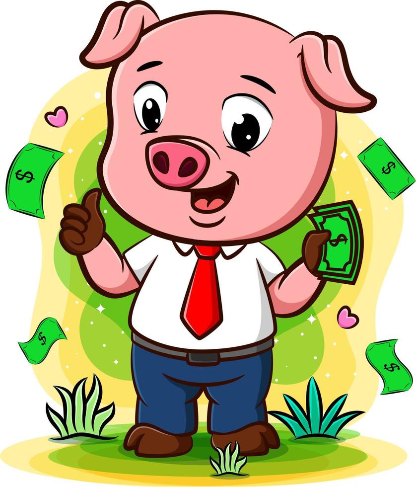 Successful pig  businessman character standing under money rain vector