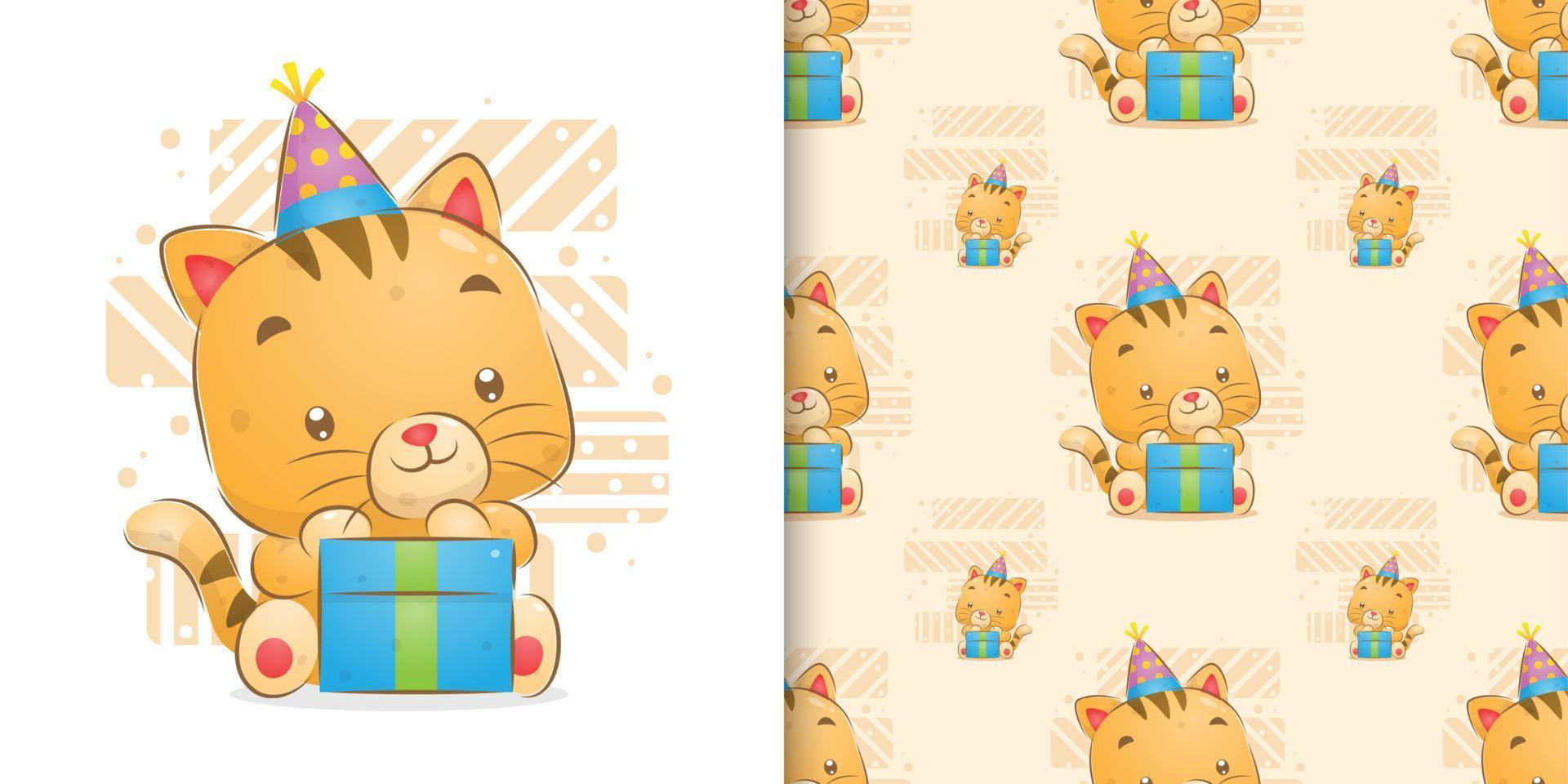 The seamless of the kitten celebrate the birthday with the big gift box vector