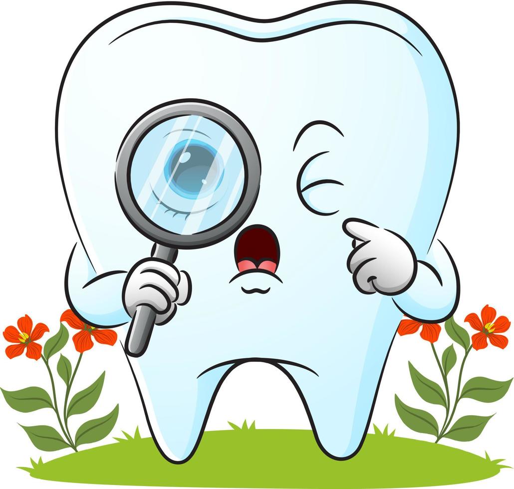 The tooth is looking with the magnifying glass vector