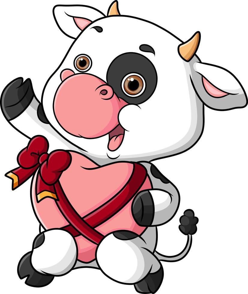 The cute cow is performing and holding a big heart love vector