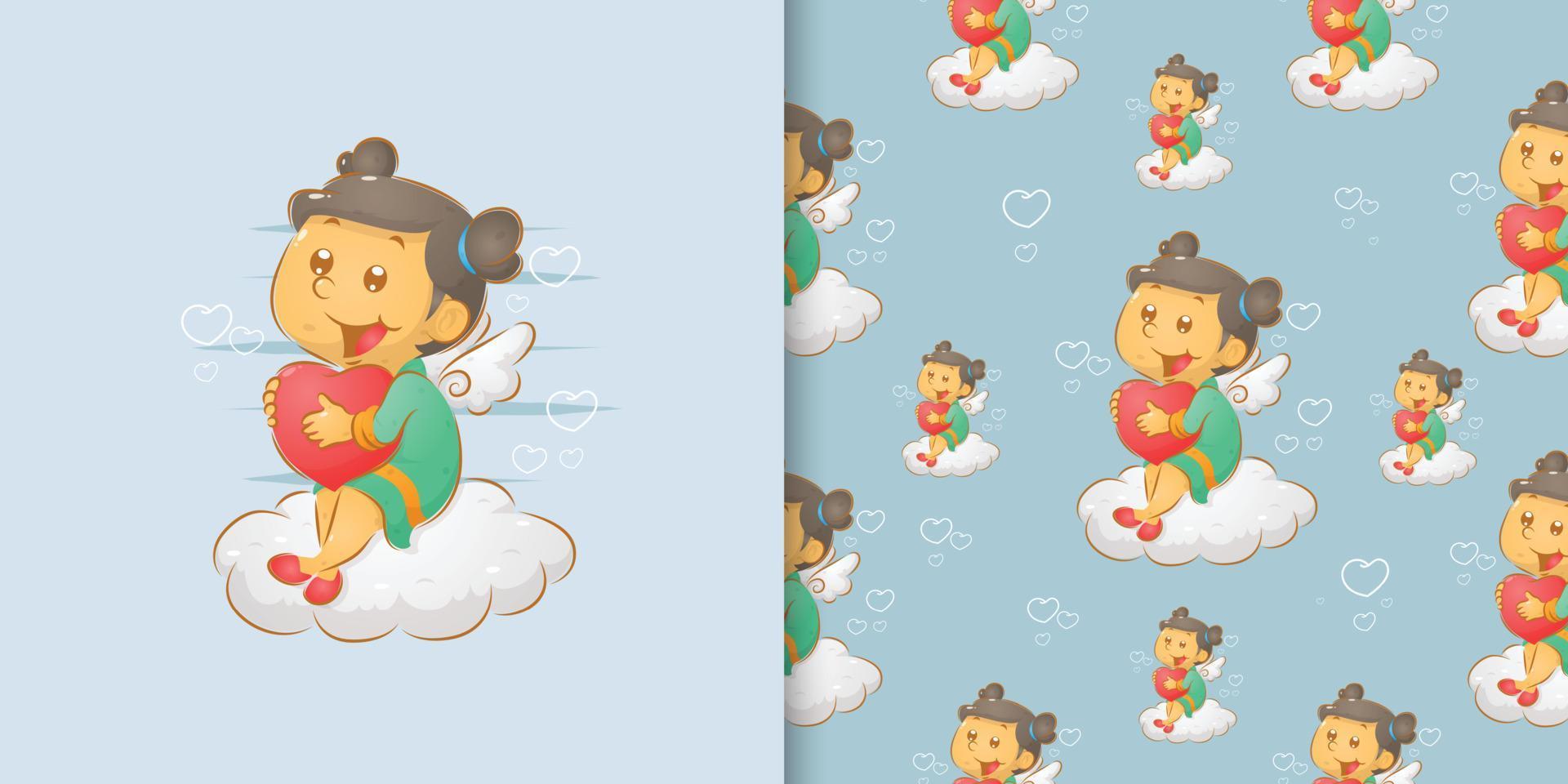The seamless of the doodle fairy girl holding the love and sitting on the cloud vector