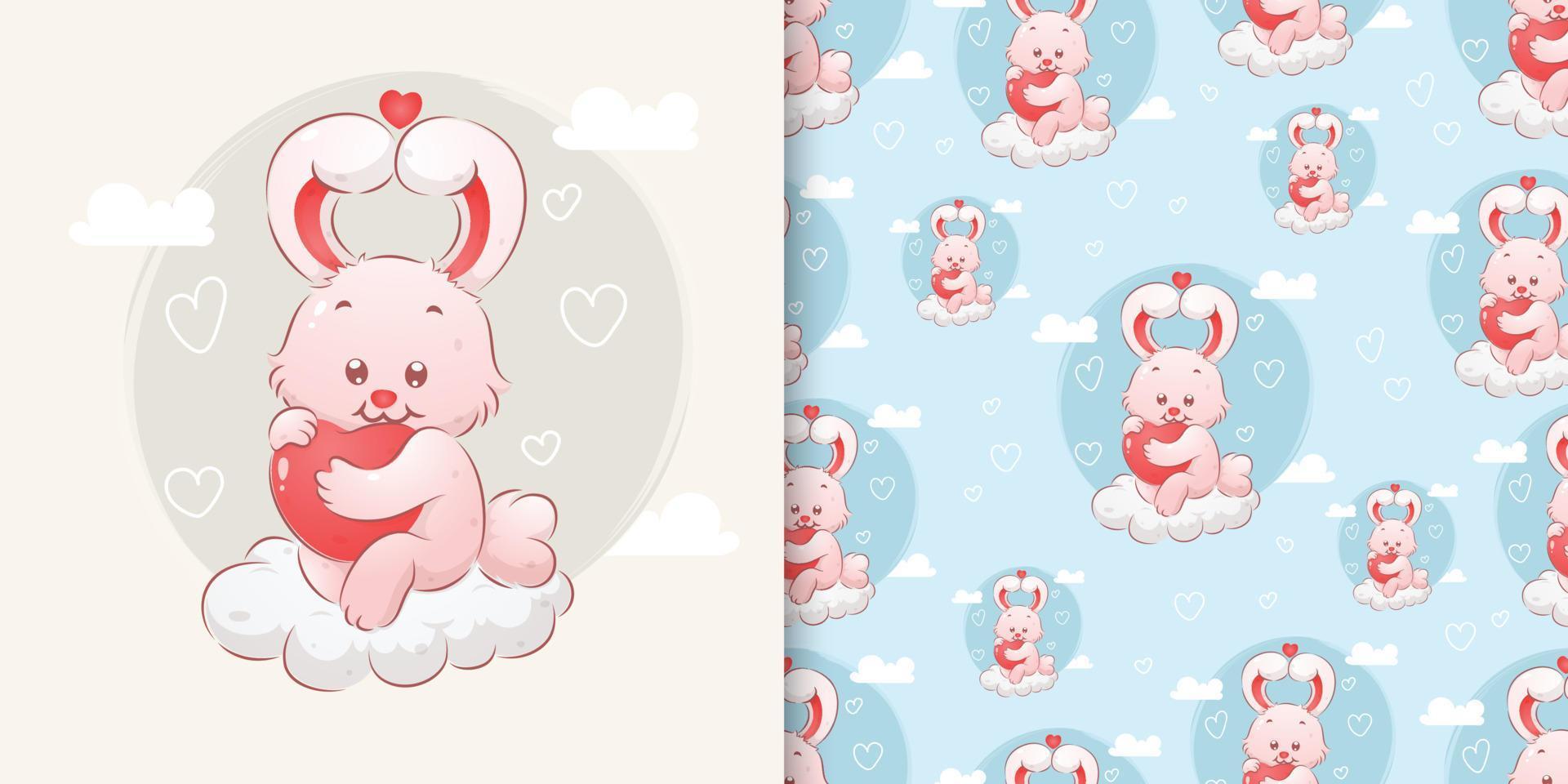 The little cute bunny with the love ears holding a small heart on his hand in pattern set vector