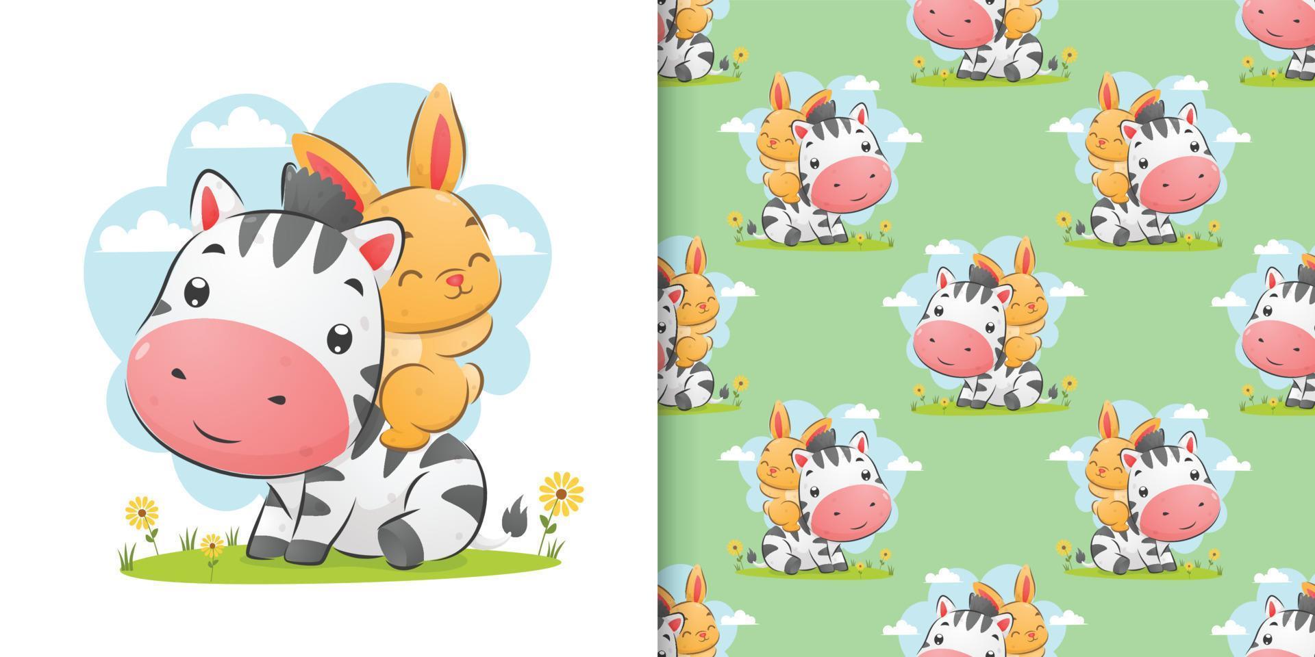 The hand drawing of zebra and the rabbit playing in the garden in the colored vector