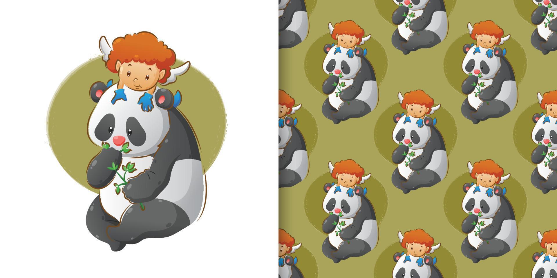 The little cupid is playing on the panda's head who eating the leaves in the pattern set vector