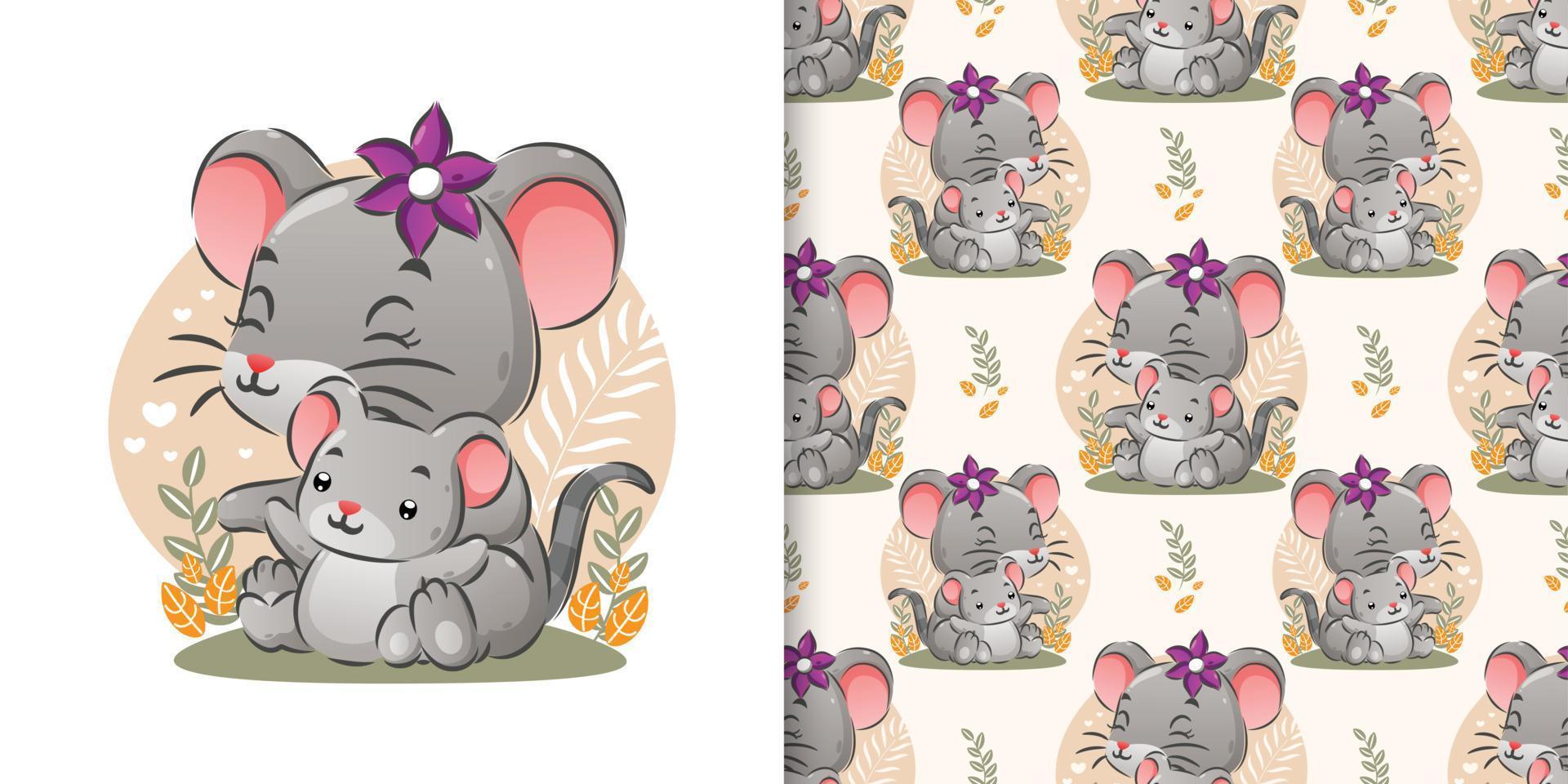 The seamless of two mouses sitting together in the garden with the simple plants vector