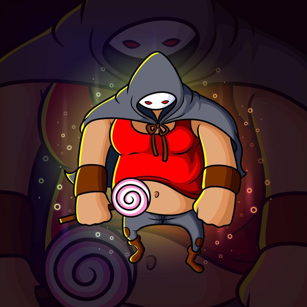 el ninja gigante sosteniendo el diseño de la mascota de lollipop esport vector