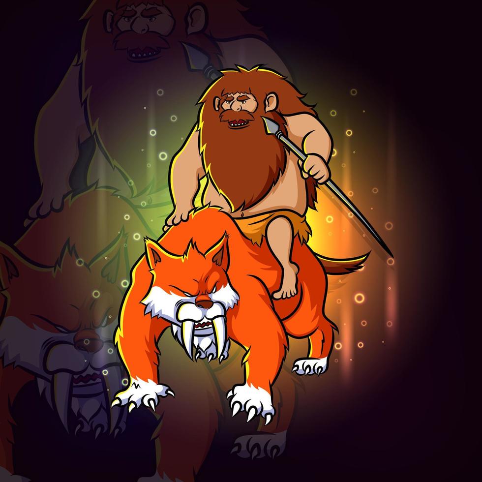 The ancient man rides the big fox esport logo design vector