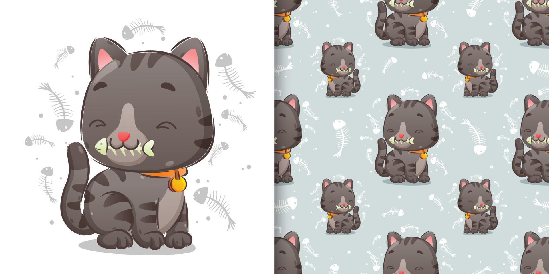 The pattern of a cute cat is eating a fish bone with a very happy face vector