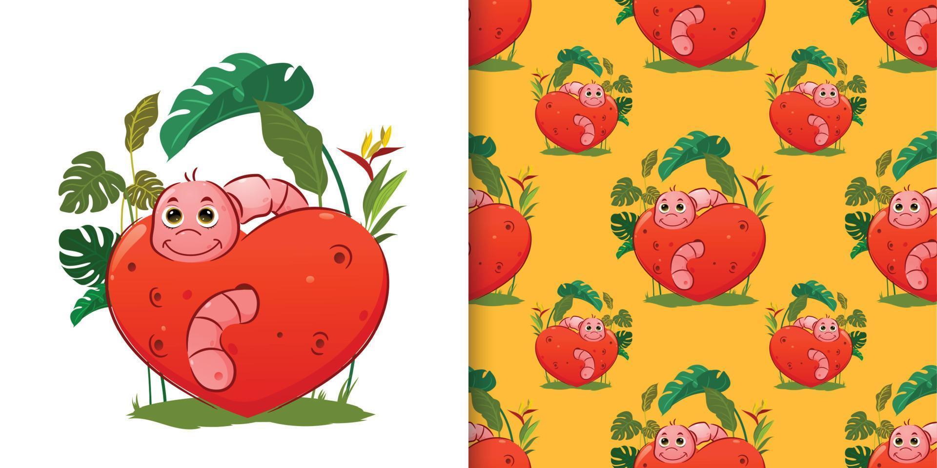 The seamless pattern of the little worm is coming up from the apples with the trees background vector