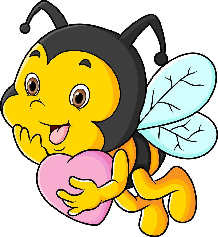 la linda abeja está volando mientras sostiene una muñeca de amor de corazón vector