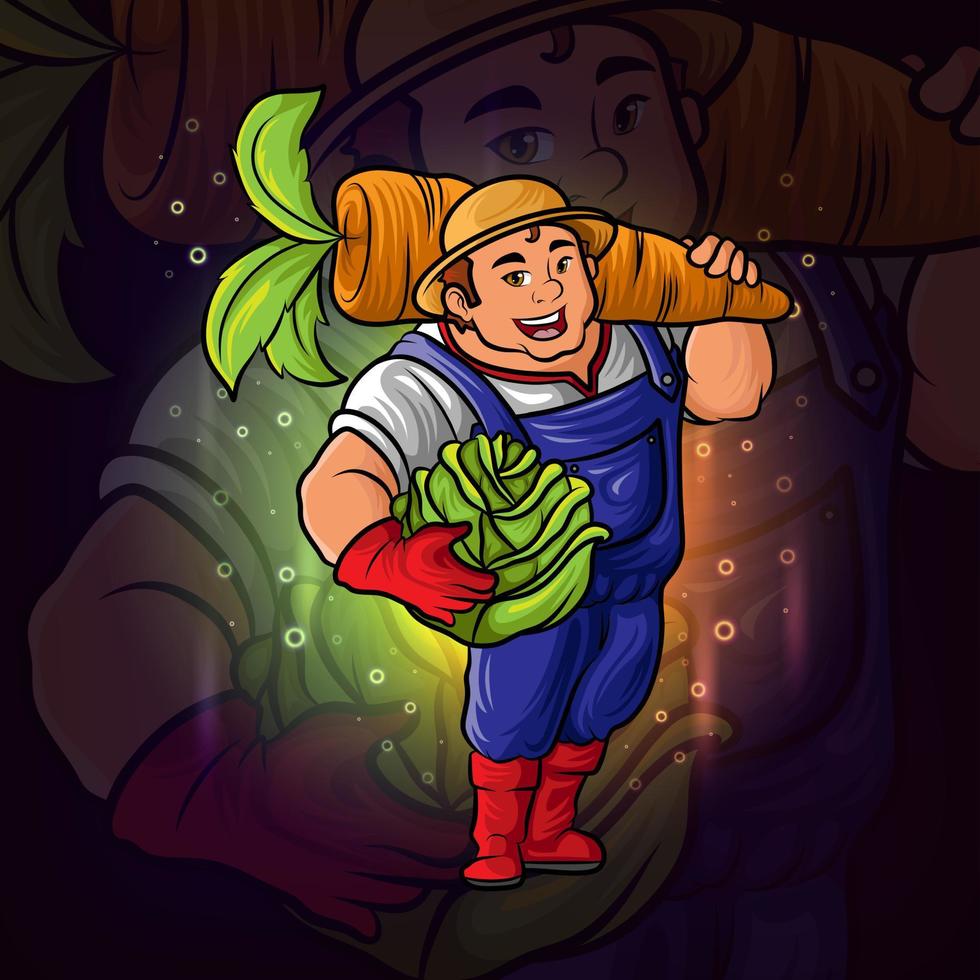 The farmer with the cabbage and carrot esport mascot design vector